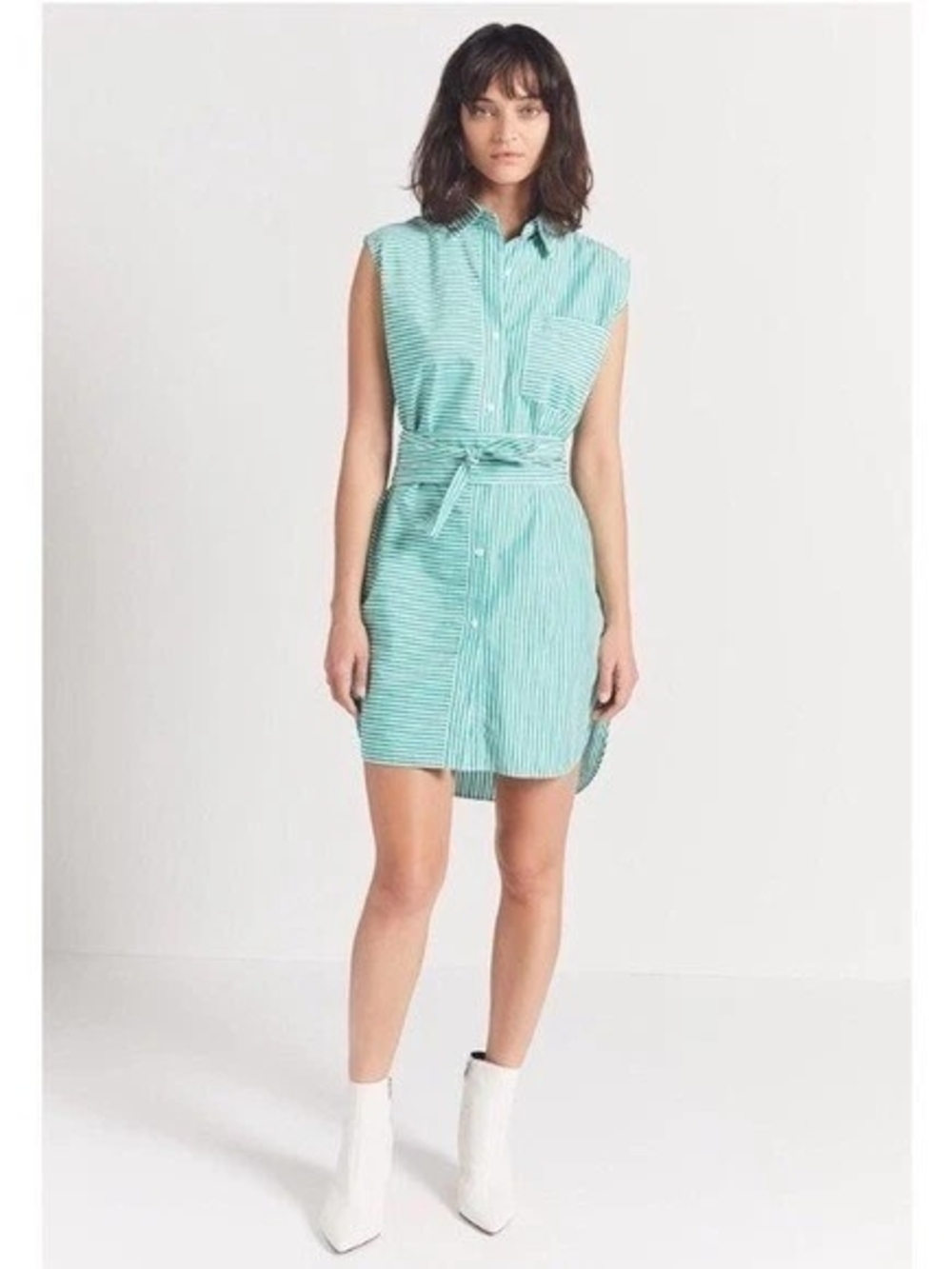 Current/Elliott Mint Green Striped Sleeveless Shirt Dress with Waist Tie Size 1